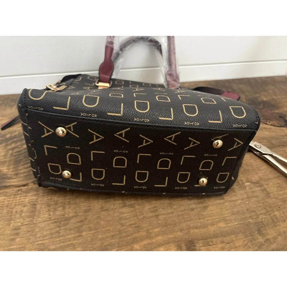 AOLDA Monogram Satchel Handbag Brown Burgundy Trim Gold Hardware Crossbody Bag